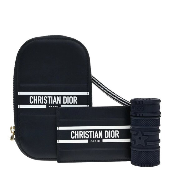 CHRISTIAN DIOR Logo Mini Pouch Bag Leather Blue GHW Italy - Picture 1 of 16